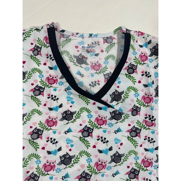 Scrubaid Scrub Top Women's white, hearts, birds and leaves Size M, V neck. - Picture 5 of 8